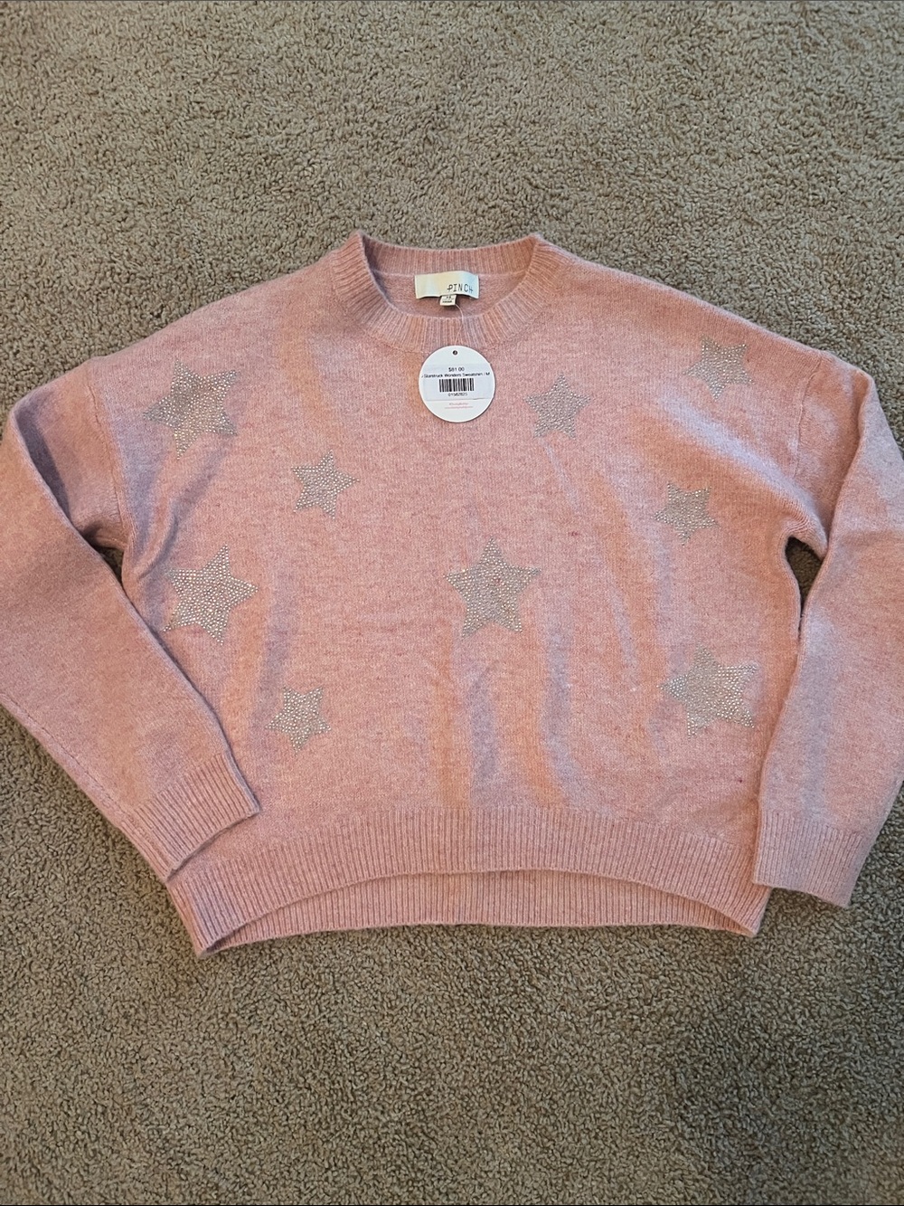 Pinch Pink Crewneck Sweater with Silver Star Embellishments Starstruck Wonders